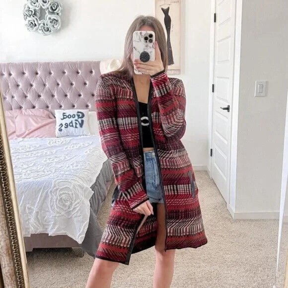 Rafaella Cardigan Red Black Faux Leather Trim Open Front - Picture 3 of 10